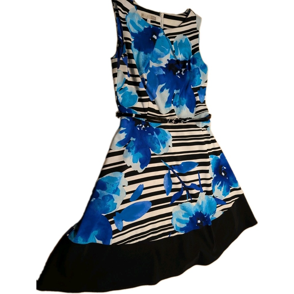 DB Signature Women Dress Darby Size 6 Black White & Blue Floral Polyester Blend